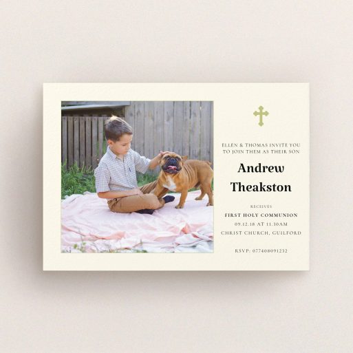 Communion Invitation Design - "Cream and Gold" A communion invitation design called "Cream and Gold". It is an A6 invite in a landscape orientation. It is a photographic communion invitation with room for 1 photo. "Cream and Gold" is available as a flat invite, with tones of cream and gold.