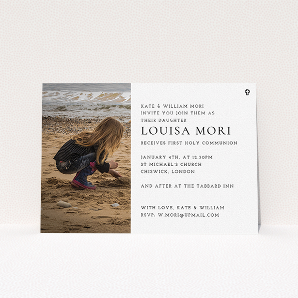 A communion invitation template titled "Cross Outline". It is an A5 invite in a landscape orientation. It is a photographic communion invitation with room for 1 photo. "Cross Outline" is available as a flat invite, with mainly white colouring.