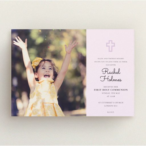 Communion Invitation Design - "Pink Side Frame" A communion invitation design titled "Pink Side Frame". It is an A5 invite in a landscape orientation. It is a photographic communion invitation with room for 1 photo. "Pink Side Frame" is available as a flat invite, with mainly purple/dark pink colouring.