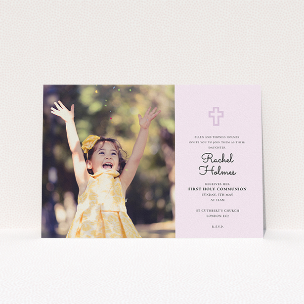 A communion invitation design titled "Pink Side Frame". It is an A5 invite in a landscape orientation. It is a photographic communion invitation with room for 1 photo. "Pink Side Frame" is available as a flat invite, with mainly purple/dark pink colouring.