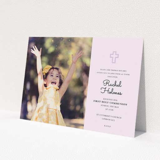 A communion invitation design titled 'Pink Side Frame'. It is an A5 invite in a landscape orientation. It is a photographic communion invitation with room for 1 photo. 'Pink Side Frame' is available as a flat invite, with mainly purple/dark pink colouring.