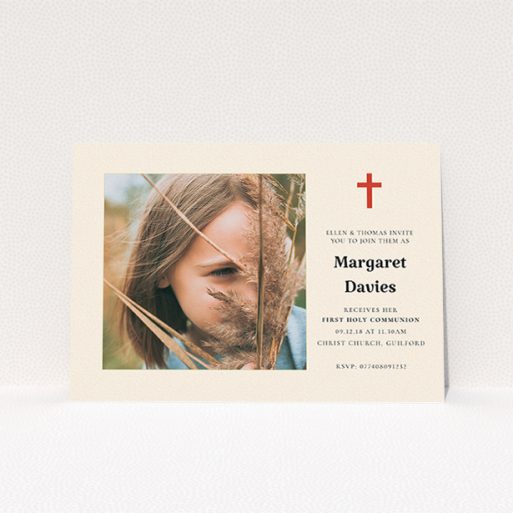 A communion invitation template titled "Red Cross". It is an A5 invite in a landscape orientation. It is a photographic communion invitation with room for 1 photo. "Red Cross" is available as a flat invite, with tones of red and cream.