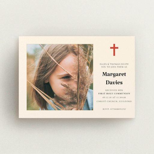 Communion Invitation Design - "Red Cross" A communion invitation template titled "Red Cross". It is an A6 invite in a landscape orientation. It is a photographic communion invitation with room for 1 photo. "Red Cross" is available as a flat invite, with tones of red and cream.