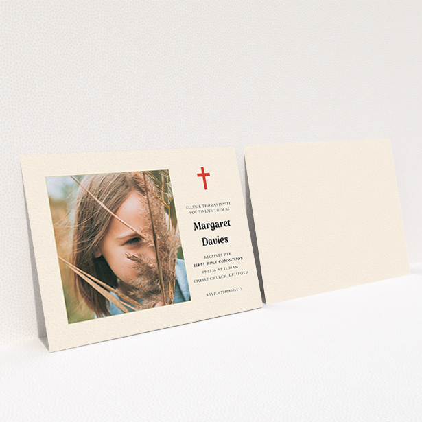 A communion invitation template titled "Red Cross". It is an A6 invite in a landscape orientation. It is a photographic communion invitation with room for 1 photo. "Red Cross" is available as a flat invite, with tones of red and cream.