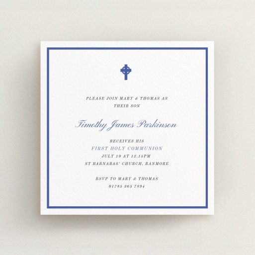 Communion Invitation Design - "Royal Blue Cross" A communion invitation template titled "Royal Blue Cross". It is a square (148mm x 148mm) invite in a square orientation. "Royal Blue Cross" is available as a flat invite, with tones of blue and white.