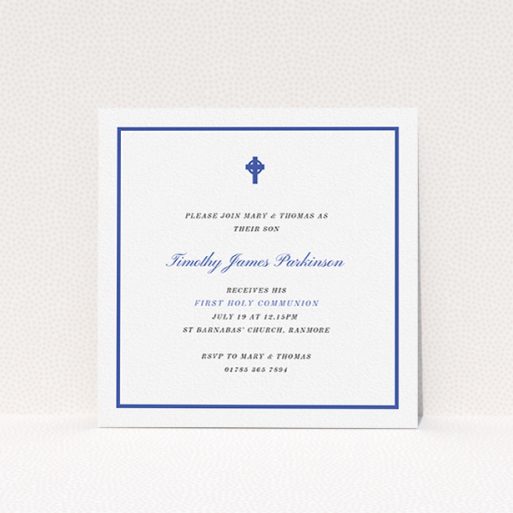 A communion invitation template titled "Royal Blue Cross". It is a square (148mm x 148mm) invite in a square orientation. "Royal Blue Cross" is available as a flat invite, with tones of blue and white.