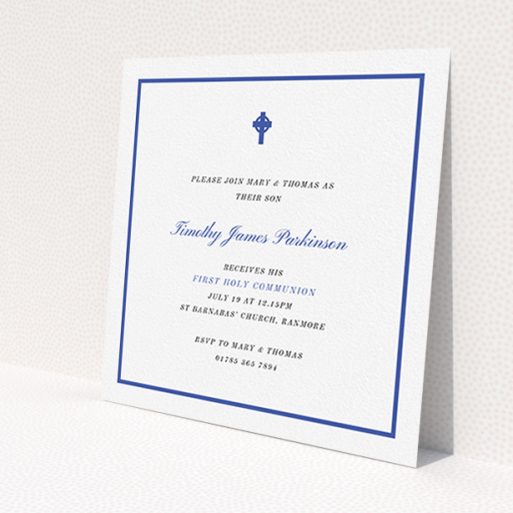 A communion invitation template titled 'Royal Blue Cross'. It is a square (148mm x 148mm) invite in a square orientation. 'Royal Blue Cross' is available as a flat invite, with tones of blue and white.