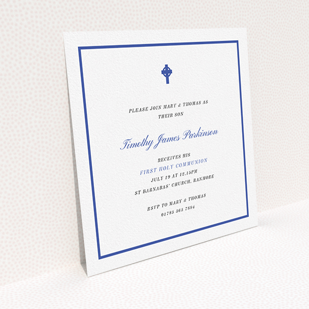 A communion invitation template titled "Royal Blue Cross". It is a square (148mm x 148mm) invite in a square orientation. "Royal Blue Cross" is available as a flat invite, with tones of blue and white.