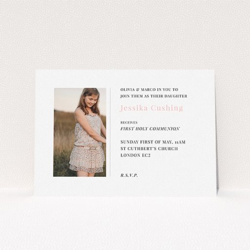 A communion invitation design called "Simple Side Frame". It is an A5 invite in a landscape orientation. It is a photographic communion invitation with room for 1 photo. "Simple Side Frame" is available as a flat invite, with tones of white and pink.