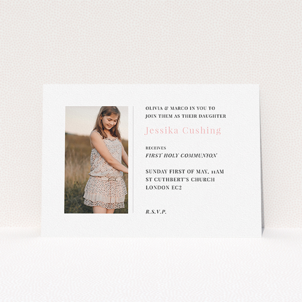 A communion invitation design called "Simple Side Frame". It is an A5 invite in a landscape orientation. It is a photographic communion invitation with room for 1 photo. "Simple Side Frame" is available as a flat invite, with tones of white and pink.