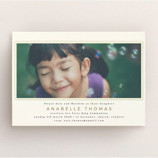 Communion Invitation Design - "Torn Cream Mount" A communion invitation design named "Torn Cream Mount". It is an A5 invite in a landscape orientation. It is a photographic communion invitation with room for 1 photo. "Torn Cream Mount" is available as a flat invite, with mainly cream colouring.