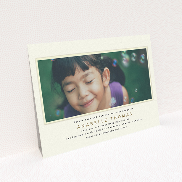A communion invitation design named "Torn Cream Mount". It is an A5 invite in a landscape orientation. It is a photographic communion invitation with room for 1 photo. "Torn Cream Mount" is available as a flat invite, with mainly cream colouring.