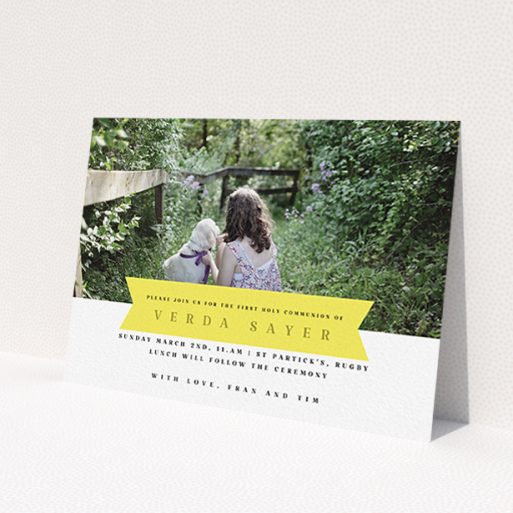 A communion invitation named 'Yellow Banner'. It is an A6 invite in a landscape orientation. It is a photographic communion invitation with room for 1 photo. 'Yellow Banner' is available as a flat invite, with tones of yellow and white.