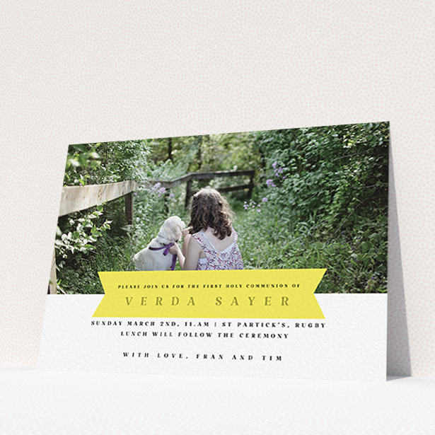 A communion invitation named "Yellow Banner". It is an A6 invite in a landscape orientation. It is a photographic communion invitation with room for 1 photo. "Yellow Banner" is available as a flat invite, with tones of yellow and white.