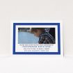 A communion invite card called "Big Blue". It is an A6 invite in a landscape orientation. It is a photographic communion invite card with room for 1 photo. "Big Blue" is available as a flat invite, with tones of blue and white.