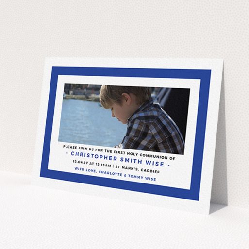 A communion invite card called 'Big Blue'. It is an A6 invite in a landscape orientation. It is a photographic communion invite card with room for 1 photo. 'Big Blue' is available as a flat invite, with tones of blue and white.