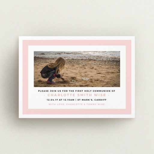 Communion Invite Card Design - "Big Pink" A communion invite card named "Big Pink". It is an A6 invite in a landscape orientation. It is a photographic communion invite card with room for 1 photo. "Big Pink" is available as a flat invite, with tones of pink and white.