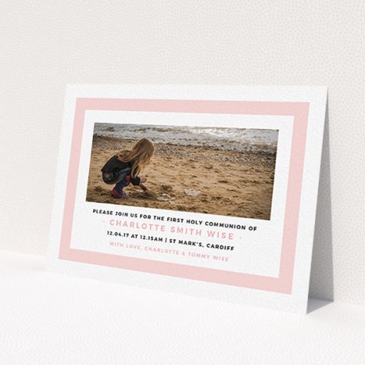 A communion invite card named 'Big Pink'. It is an A6 invite in a landscape orientation. It is a photographic communion invite card with room for 1 photo. 'Big Pink' is available as a flat invite, with tones of pink and white.