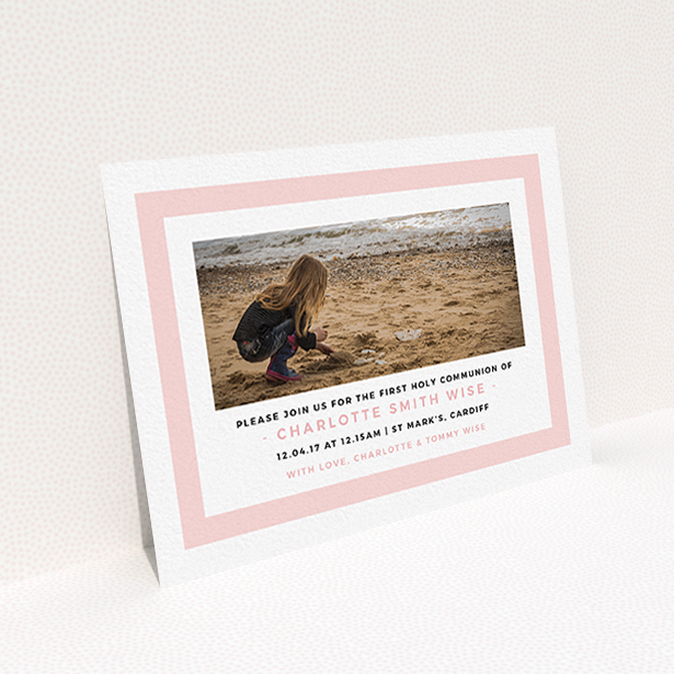A communion invite card named "Big Pink". It is an A6 invite in a landscape orientation. It is a photographic communion invite card with room for 1 photo. "Big Pink" is available as a flat invite, with tones of pink and white.