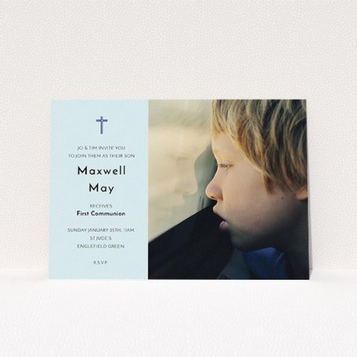 A communion invite card called "Blue Side Frame". It is an A5 invite in a landscape orientation. It is a photographic communion invite card with room for 1 photo. "Blue Side Frame" is available as a flat invite, with mainly blue colouring.
