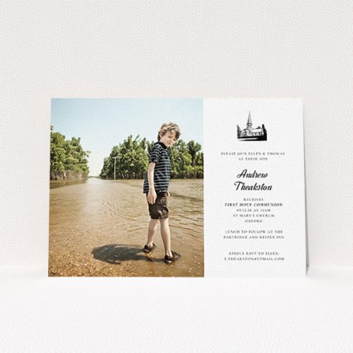 A communion invite card template titled "Church Stamp". It is an A6 invite in a landscape orientation. It is a photographic communion invite card with room for 1 photo. "Church Stamp" is available as a flat invite, with mainly white colouring.