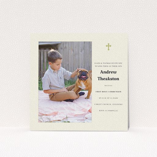 A communion invite card design titled "Cream and Gold". It is a square (148mm x 148mm) invite in a square orientation. It is a photographic communion invite card with room for 1 photo. "Cream and Gold" is available as a flat invite, with tones of cream and gold.