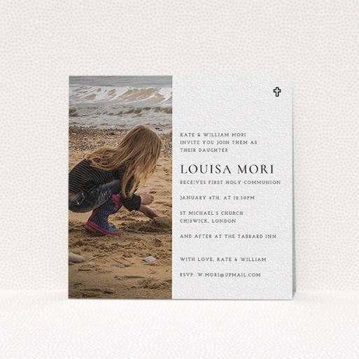 A communion invite card template titled "Cross Outline". It is a square (148mm x 148mm) invite in a square orientation. It is a photographic communion invite card with room for 1 photo. "Cross Outline" is available as a flat invite, with mainly white colouring.