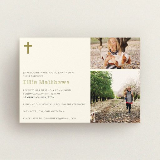 Communion Invite Card Design - "Gold Corner Cross" A communion invite card named "Gold Corner Cross". It is an A6 invite in a landscape orientation. It is a photographic communion invite card with room for 2 photos. "Gold Corner Cross" is available as a flat invite, with tones of cream and gold.