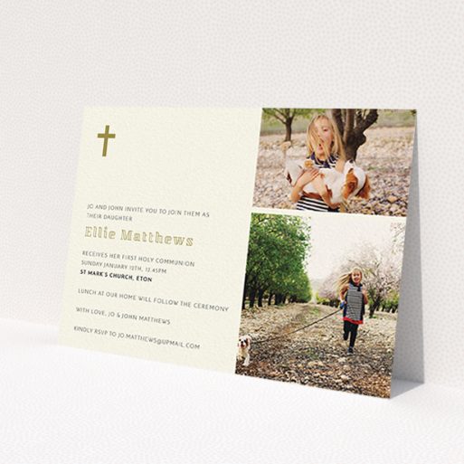 A communion invite card named 'Gold Corner Cross'. It is an A6 invite in a landscape orientation. It is a photographic communion invite card with room for 2 photos. 'Gold Corner Cross' is available as a flat invite, with tones of cream and gold.