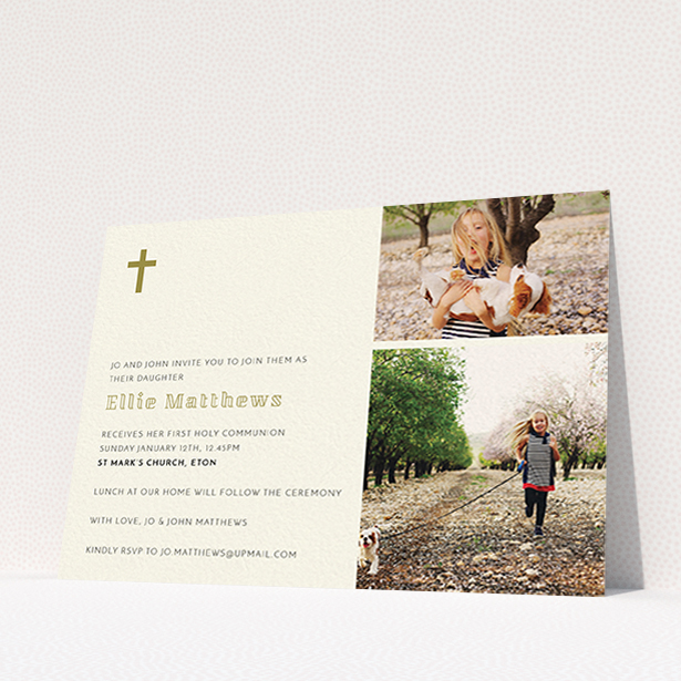 A communion invite card named "Gold Corner Cross". It is an A6 invite in a landscape orientation. It is a photographic communion invite card with room for 2 photos. "Gold Corner Cross" is available as a flat invite, with tones of cream and gold.