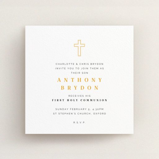 Communion Invite Card Design - "Orange Cross Outline" A communion invite card called "Orange Cross Outline". It is a square (148mm x 148mm) invite in a square orientation. "Orange Cross Outline" is available as a flat invite, with tones of white and orange.