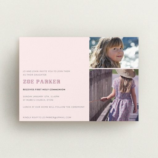 Communion Invite Card Design - "Pink Stacked Frames" A communion invite card design titled "Pink Stacked Frames". It is an A6 invite in a landscape orientation. It is a photographic communion invite card with room for 2 photos. "Pink Stacked Frames" is available as a flat invite, with mainly pink colouring.