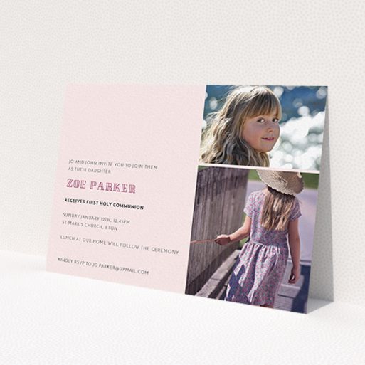 A communion invite card design titled 'Pink Stacked Frames'. It is an A6 invite in a landscape orientation. It is a photographic communion invite card with room for 2 photos. 'Pink Stacked Frames' is available as a flat invite, with mainly pink colouring.