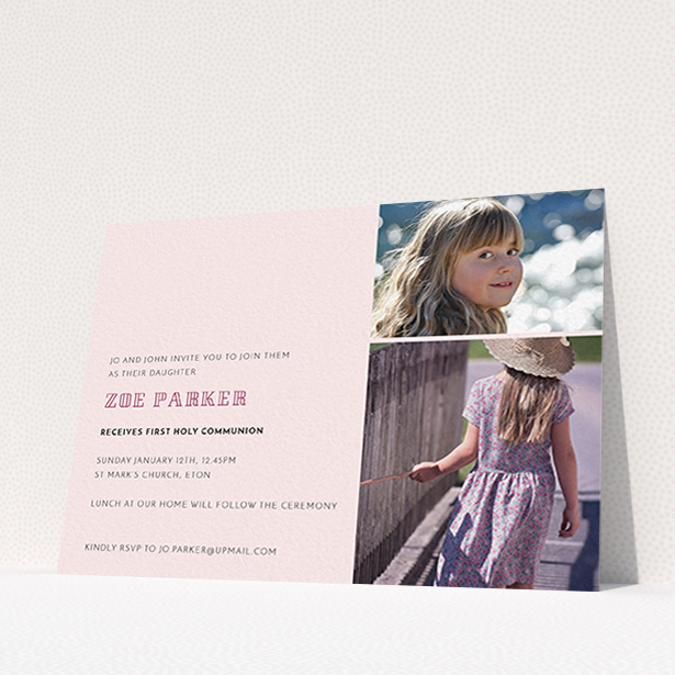 A communion invite card design titled "Pink Stacked Frames". It is an A6 invite in a landscape orientation. It is a photographic communion invite card with room for 2 photos. "Pink Stacked Frames" is available as a flat invite, with mainly pink colouring.