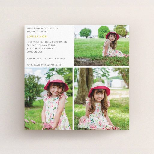 Communion Invite Card Design - "Quarter Frames" A communion invite card named "Quarter Frames". It is a square (148mm x 148mm) invite in a square orientation. It is a photographic communion invite card with room for 3 photos. "Quarter Frames" is available as a flat invite, with mainly white colouring.