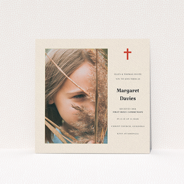 A communion invite card design named "Red Cross". It is a square (148mm x 148mm) invite in a square orientation. It is a photographic communion invite card with room for 1 photo. "Red Cross" is available as a flat invite, with tones of red and cream.