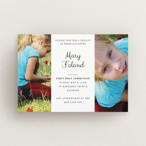 Communion Invite Card Design - "Sandwich Frame" A communion invite card named "Sandwich Frame". It is an A6 invite in a landscape orientation. It is a photographic communion invite card with room for 2 photos. "Sandwich Frame" is available as a flat invite, with mainly white colouring.