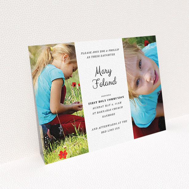 A communion invite card named "Sandwich Frame". It is an A6 invite in a landscape orientation. It is a photographic communion invite card with room for 2 photos. "Sandwich Frame" is available as a flat invite, with mainly white colouring.