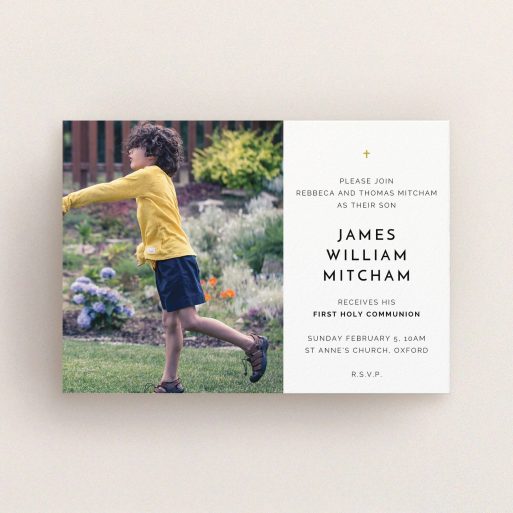 Communion Invite Card Design - "Tiny Cross" A communion invite card named "Tiny Cross". It is an A6 invite in a landscape orientation. It is a photographic communion invite card with room for 1 photo. "Tiny Cross" is available as a flat invite, with tones of white and gold.