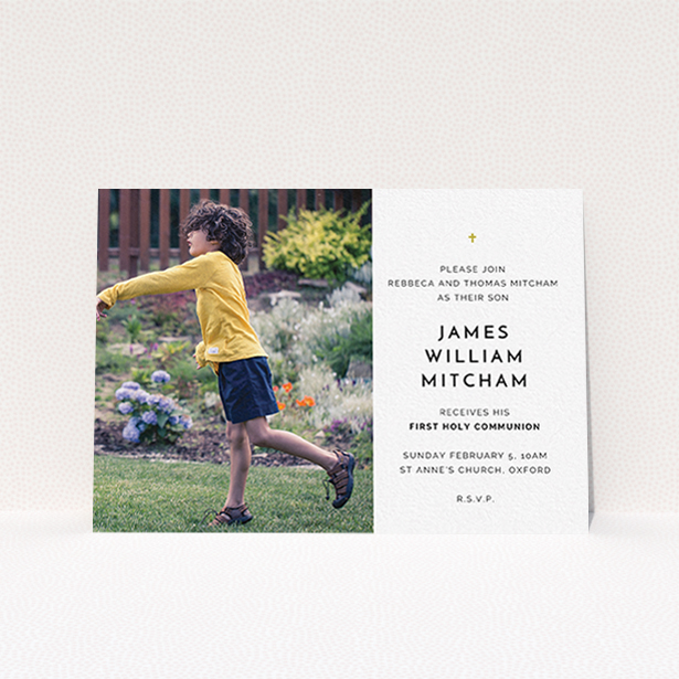 A communion invite card named "Tiny Cross". It is an A6 invite in a landscape orientation. It is a photographic communion invite card with room for 1 photo. "Tiny Cross" is available as a flat invite, with tones of white and gold.