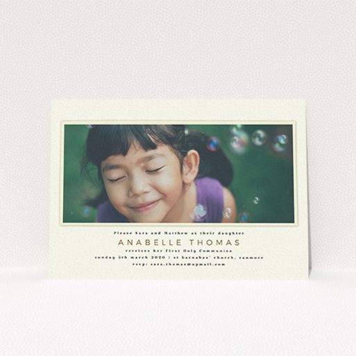A communion invite card design named "Torn Cream Mount". It is an A6 invite in a landscape orientation. It is a photographic communion invite card with room for 1 photo. "Torn Cream Mount" is available as a flat invite, with mainly cream colouring.