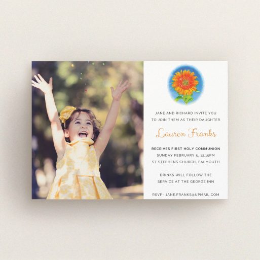 Communion Invite Card Design - "Watercolour Flower" A communion invite card design called "Watercolour Flower". It is an A6 invite in a landscape orientation. It is a photographic communion invite card with room for 1 photo. "Watercolour Flower" is available as a flat invite, with tones of white and blue.