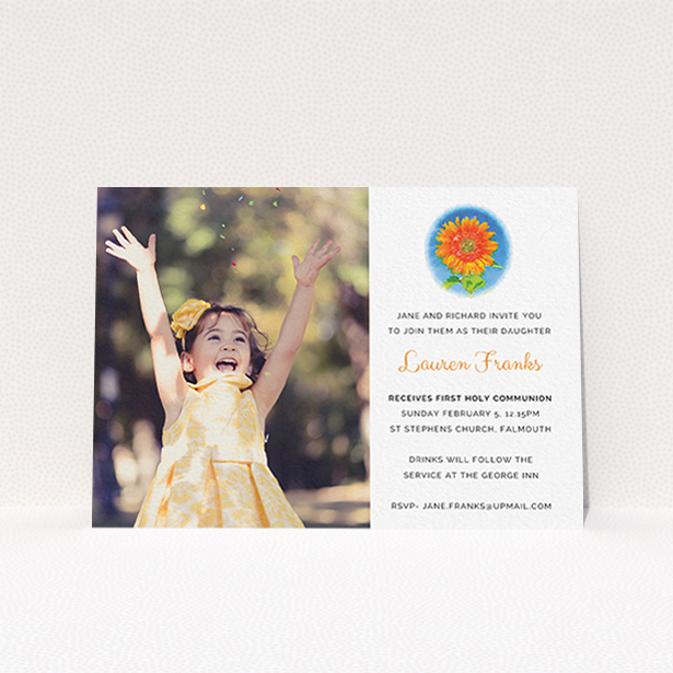 A communion invite card design called "Watercolour Flower". It is an A6 invite in a landscape orientation. It is a photographic communion invite card with room for 1 photo. "Watercolour Flower" is available as a flat invite, with tones of white and blue.