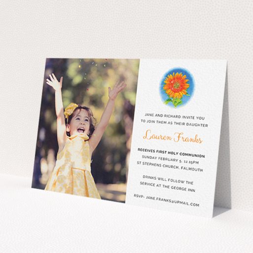 A communion invite card design called 'Watercolour Flower'. It is an A6 invite in a landscape orientation. It is a photographic communion invite card with room for 1 photo. 'Watercolour Flower' is available as a flat invite, with tones of white and blue.