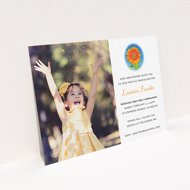 A communion invite card design called "Watercolour Flower". It is an A6 invite in a landscape orientation. It is a photographic communion invite card with room for 1 photo. "Watercolour Flower" is available as a flat invite, with tones of white and blue.