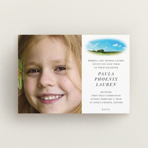 Communion Invite Card Design - "Watercolour Landscape" A communion invite card design named "Watercolour Landscape". It is an A6 invite in a landscape orientation. It is a photographic communion invite card with room for 1 photo. "Watercolour Landscape" is available as a flat invite, with tones of white, blue and green.