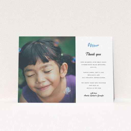 A communion thank you card design named "Blue Fern". It is an A6 card in a landscape orientation. It is a photographic communion thank you card with room for 1 photo. "Blue Fern" is available as a flat card, with tones of white and blue.