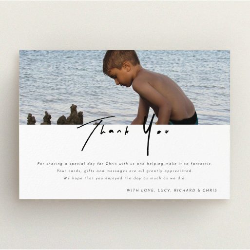 Communion Thank You Card Design - "Half and Half" A communion thank you card design called "Half and Half". It is an A5 card in a landscape orientation. It is a photographic communion thank you card with room for 1 photo. "Half and Half" is available as a flat card, with mainly white colouring.