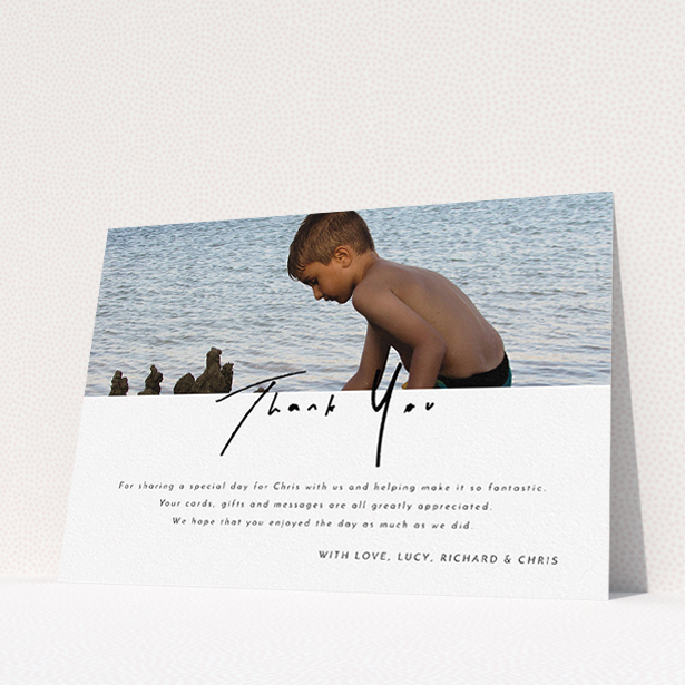 A communion thank you card design called "Half and Half". It is an A5 card in a landscape orientation. It is a photographic communion thank you card with room for 1 photo. "Half and Half" is available as a flat card, with mainly white colouring.