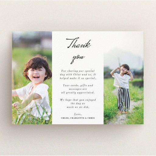 Communion Thank You Card Design - "Landscape Sandwich Frame" A communion thank you card template titled "Landscape Sandwich Frame". It is an A5 card in a landscape orientation. It is a photographic communion thank you card with room for 2 photos. "Landscape Sandwich Frame" is available as a flat card, with mainly white colouring.